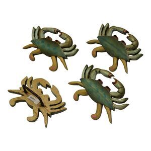 Blue Crab Carved Wood Napkin Rings Set of 4 Kitchen Dining Room Table Setting
